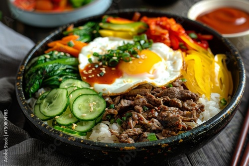 A vibrant platter of Korean Bibimbap, featuring a colorful arrangement of vegetables, marinated beef, and a perfectly fried egg
