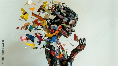 Creative portrait of a human figure disintegrating into colorful fragments. Modern art concept with a surreal and abstract design for imaginative projects