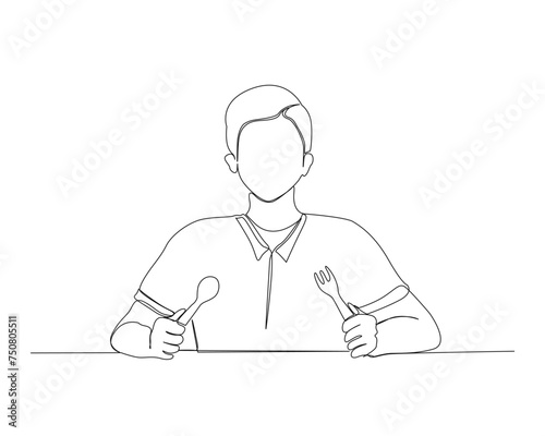 Continuous one line drawing of young man holding spoon and fork. A man waiting food in simple outline illustration. Editable stroke.