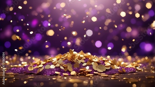 Abstract glitter confetti in gold and purple bokeh background