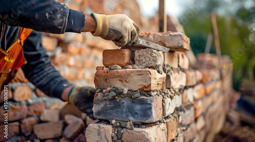 A bricklayer constructs a stone wall using wood, metal tools, and building materials 