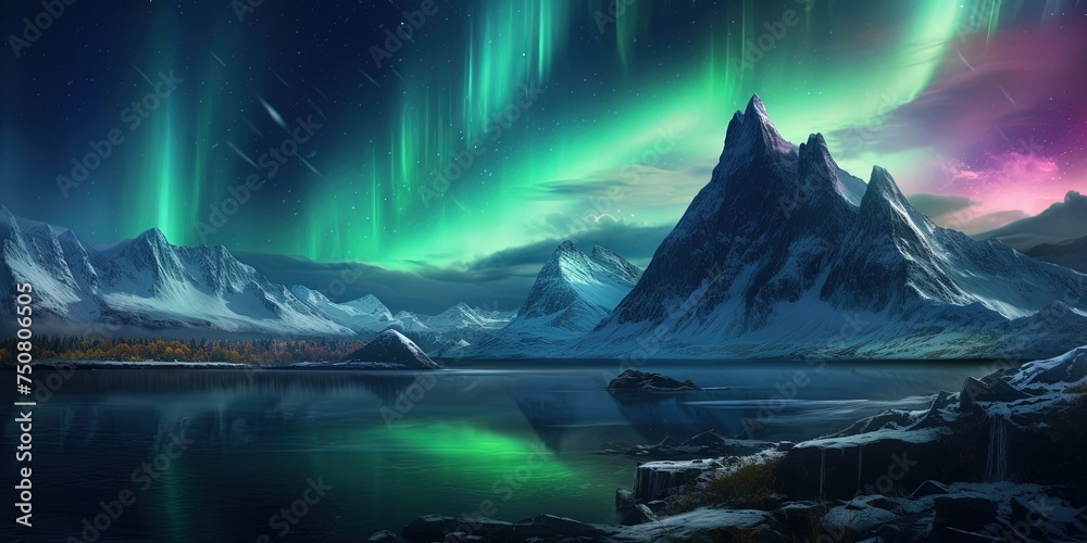 A breathtaking digital representation of the northern lights dancing over a rugged snowy mountain