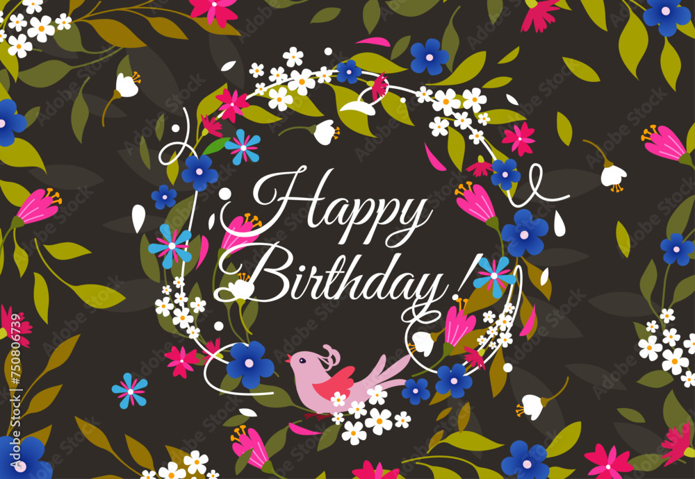 Postcard with spring flowers and a bird in vector. Happy Birthday card in vector.