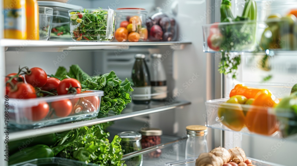 Open fridge full of fresh vegetables and salad containers. Healthy eating and food storage concept for design and print. Interior shot with selective focus