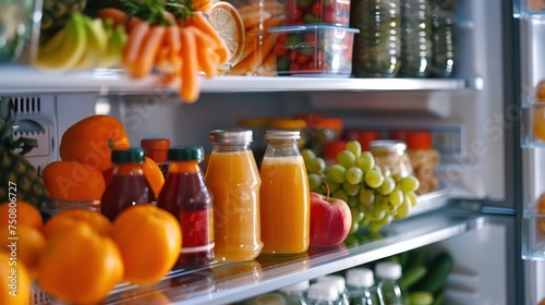 Well-organized refrigerator shelves with colorful fruits, vegetables, and juices. Nutritional health and meal planning concept for design and print. Interior view with selective focus