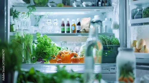Stocked kitchen refrigerator with varied fresh produce and beverages. Home organization and healthy diet concept for design and print. Full interior shot with selective focus