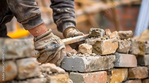 A bricklayer constructs a stone wall using wood, metal tools, and building materials 
