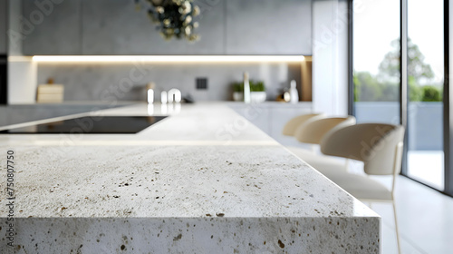 Close up of white marble countertop in modern kitchen with grey walls  concrete floor  dining table and chairs. 3d rendering