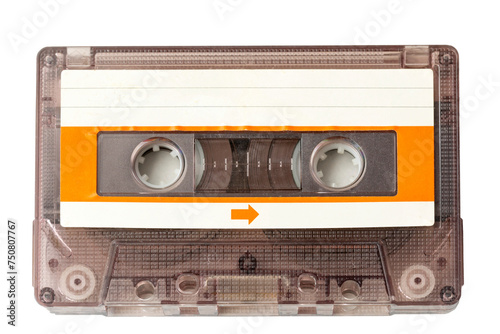PNG of vintage plastic stereo cassette tape from the 80s isolated on black background for listening to analog music with magnetic head. Old recording cassette