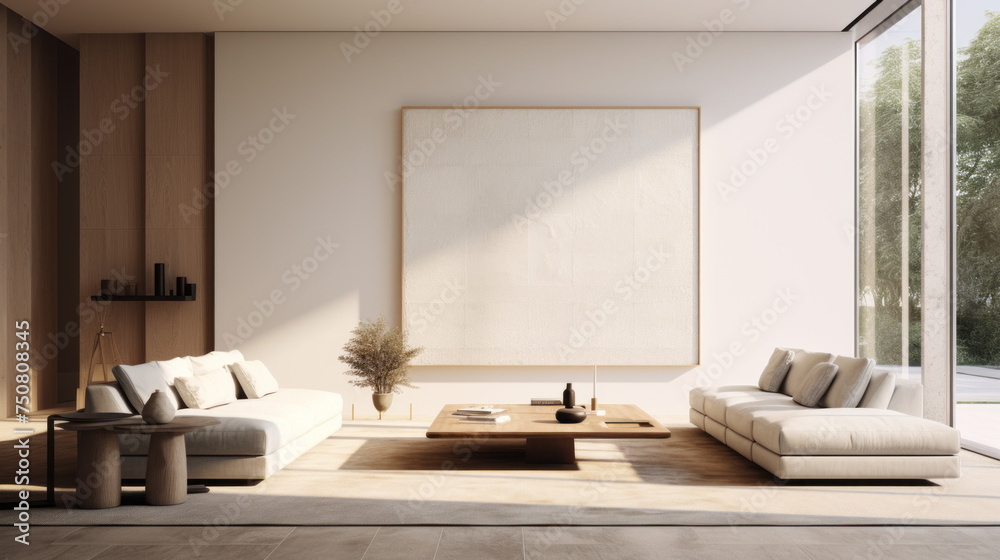 Fototapeta premium A modern living room with a minimalist decor and a neutral palette, including a white armchair and a grey rug