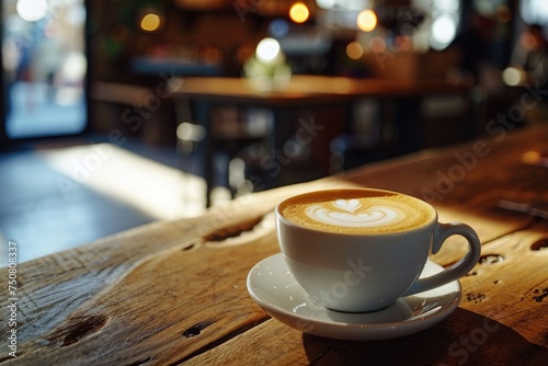 A steaming cup of coffee sitting on a wooden table, perfect for starting your day with a comforting sip, A cozy coffee shop with heart-shaped latte art on every cup, AI Generated