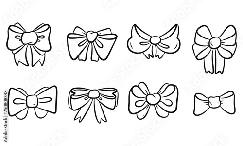 Set of hand drawn ribbon bows. Linear bows, vector doodle collection.