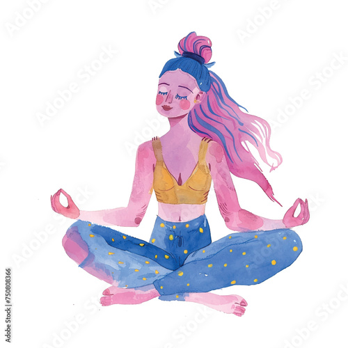 pink and blue pastel colors, minimal details, happy tempera gouache, woman in yoga pose, in the art style