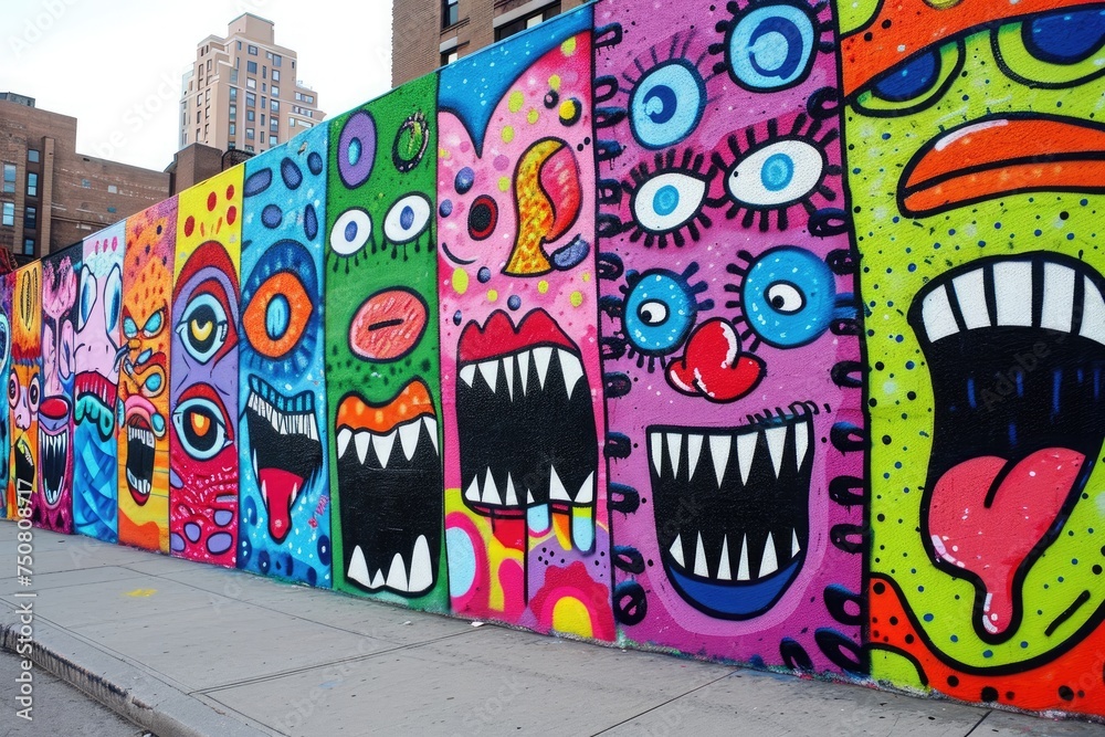 Vibrant Walls Adorning the Sidewalk, A Colorful Row of Street Art, A creative and colorful mural on a city wall, painted by young artists expressing fun and freedom, AI Generated