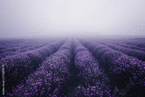 Misty lavender fields. Surreal landscape. Background image. Created with Generative AI technology.