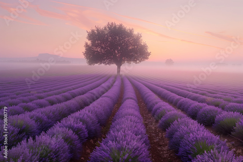 Misty lavender fields. Surreal landscape. Background image. Created with Generative AI technology.