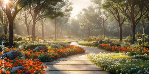 Fototapeta Naklejka Na Ścianę i Meble -  Beautiful garden path with orange flowers and trees in the background, 3D ing