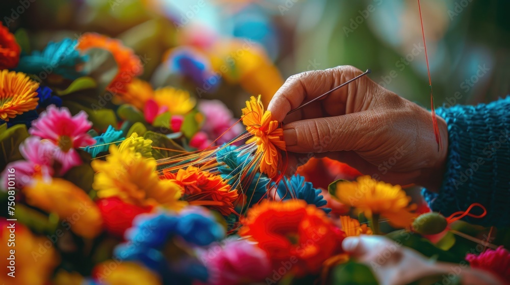 Naklejka premium A macro photograph of a hand stitching a vibrant, floral May Day garland, with the needle and colorful threads against a backdrop of blurred greenery, capturing the essence of spring and festivity