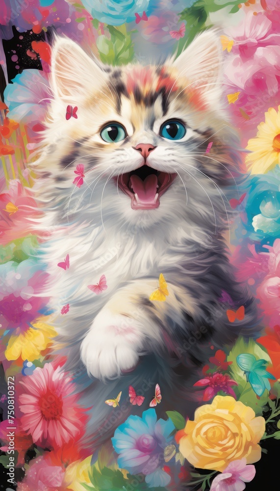 Fototapeta Cute fluffy kitten close-up with colorful vibrant background, adorable domestic cat portrait