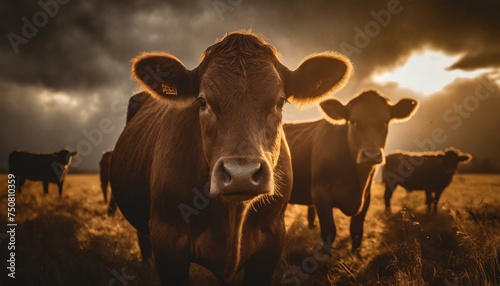 cows in the field at sunset