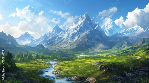 A breathtaking mountain landscape with a peaceful river winding through  harmonizing with the vivid blue sky.