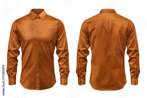Front and back view of a copper-colored formal shirt template. With long sleeves and a pointed collar, mockups for design and print, isolated on a white or transparent background.