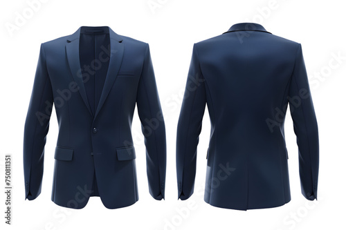 Front and back view of a navy blue blazer template. With long sleeves and lapels, mockups for design and print, isolated on a white or transparent background