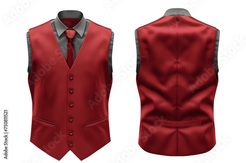 Front and back view of a ruby red vest template. Sleeveless and with pockets, mockups for design and print, isolated on a white or transparent background