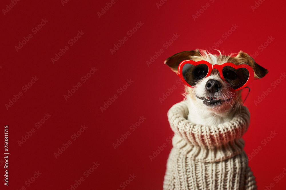 A joyful pup in a chunky white sweater and playful heart glasses poses against a bright red background