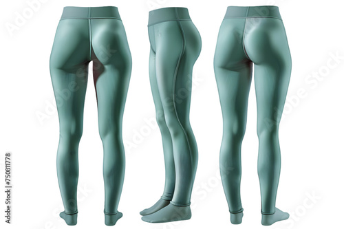 Front and back view of a teal leggings template. Stretch fabric, mockups for design and print, isolated on a white or transparent background