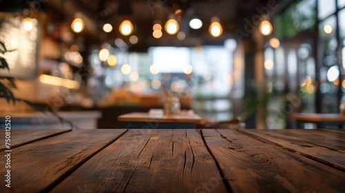 Empty wooden tabletop and blurred background of coffee shop for display or montage your products