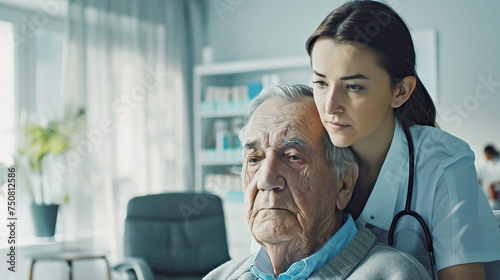 An elderly man in thoughtful pose with caring nurse offering support in a clinical setting. Man with Parkinson's disease, face without emotion syndrome