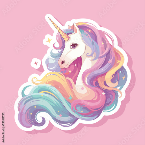 Cute magical fairy unicorn rainbow pastel colors. Vector design sticker isolated on white background. Print for t-shirt or sticker. Romantic hand drawing illustration for children adorable pony