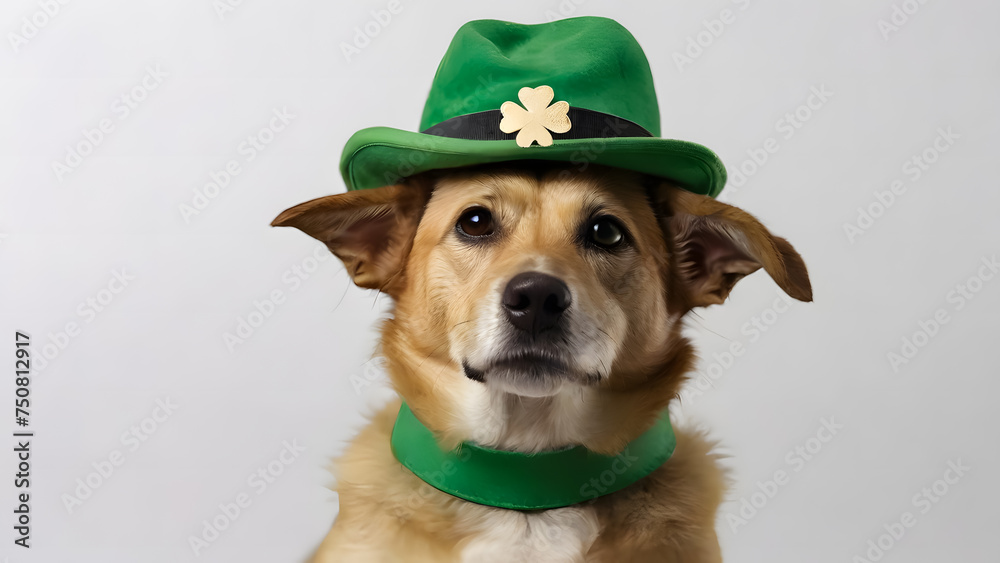Dog wearing St. Patrick's Day costume with hat on white background Dog wearing St. Patrick's Day costume with hat on white background