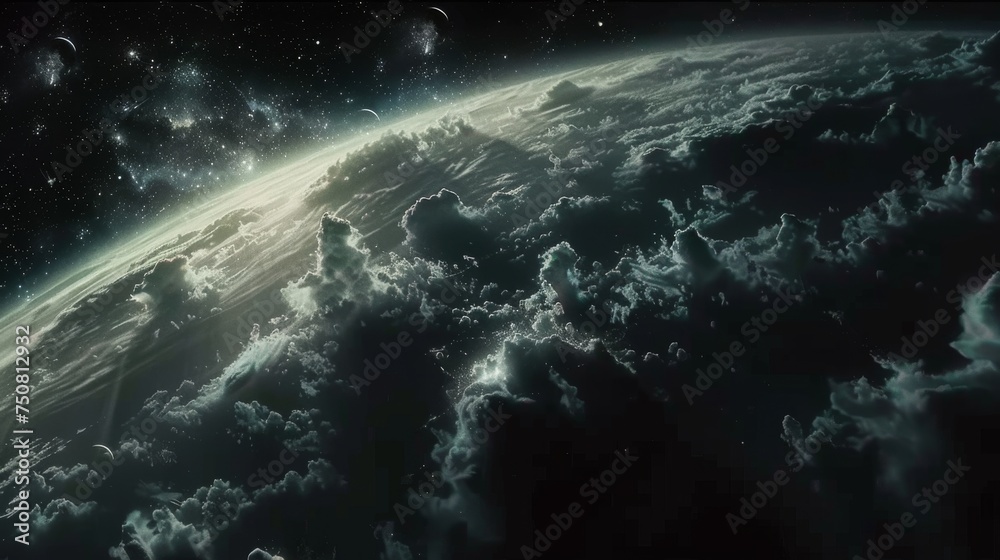 A breathtaking view of a planet from space with swirling clouds and distant stars, symbolizing the beauty of the cosmos and the wonder of space exploration. Ideal for themes of astronomy. A breathtaking view of a planet from space with swirling clouds and distant stars, symbolizing the beauty of the cosmos and the wonder of space exploration. Ideal for themes of astronomy.