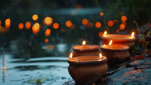 Tranquil Twilight by the River with Diyas Celebrating the Festival of Lights