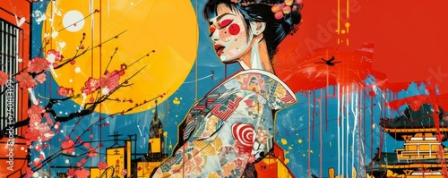 Stylized Geisha Portrait Amidst Blossoms and Cityscape - A Blend of Japanese Tradition and Modernity