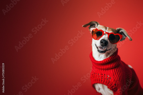 Cheerful dog in a vivid red sweater and stylish sunglasses poses against a red background, evoking joy and playfulness © Fxquadro