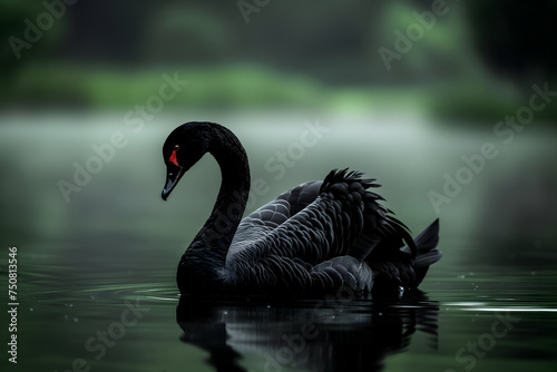 Black swan on water surface, close up. Neural network generated image. Not based on any actual scene or pattern.