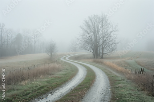 Road in the fog. Misty landscape. Background image. Created with Generative AI technology.