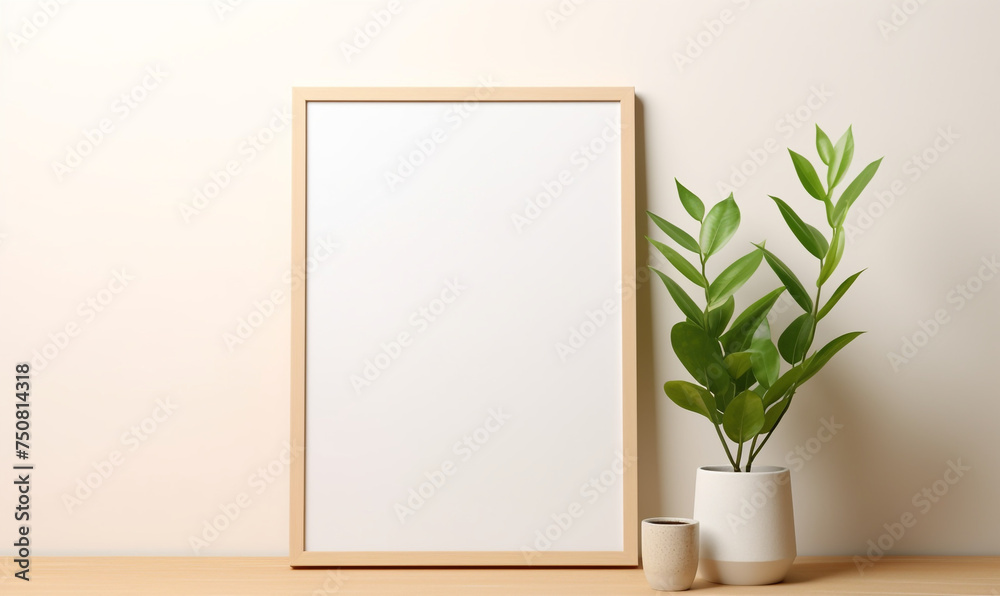 a wooden board and a framed poster mock up with green leaves on it сreated with Generative Ai a wooden board and a framed poster mock up with green leaves on it сreated with Generative Ai