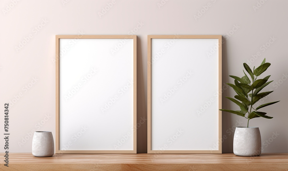 a wooden board and a framed poster mock up with green leaves on it сreated with Generative Ai a wooden board and a framed poster mock up with green leaves on it сreated with Generative Ai