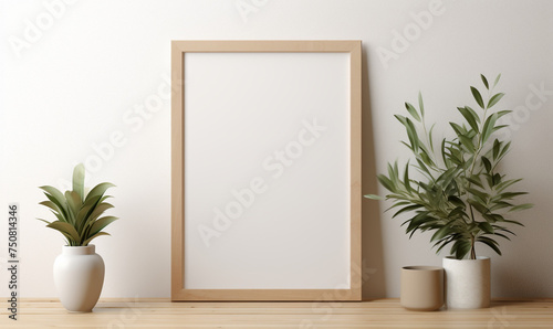 a wooden board and a framed poster mock up with green leaves on it сreated with Generative Ai