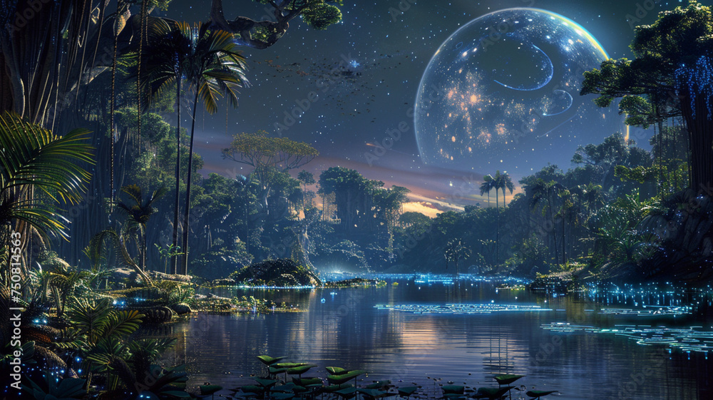 Enchanted Forest with Bioluminescent Plants and Giant Moon, A fantasy landscape at night showcasing an enchanted forest with bioluminescent flora and a majestic oversized moon illuminating the sky