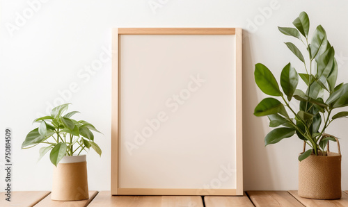 a wooden board and a framed poster mock up with green leaves on it сreated with Generative Ai photo