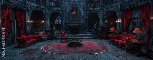Interior of gothic vampire castles living room The interior of a gothic vampire castles living room adorned with dark and richly colored furnishings. Concept Gothic, Vampire, Castle, Living Room photo