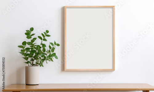 a wooden board and a framed poster mock up with green leaves on it сreated with Generative Ai