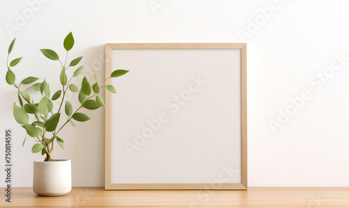 a wooden board and a framed poster mock up with green leaves on it сreated with Generative Ai