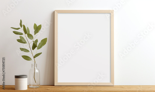 a wooden board and a framed poster mock up with green leaves on it сreated with Generative Ai