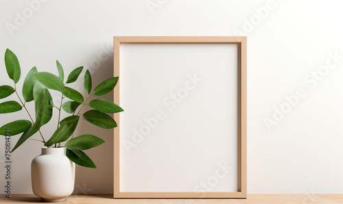 a wooden board and a framed poster mock up with green leaves on it сreated with Generative Ai